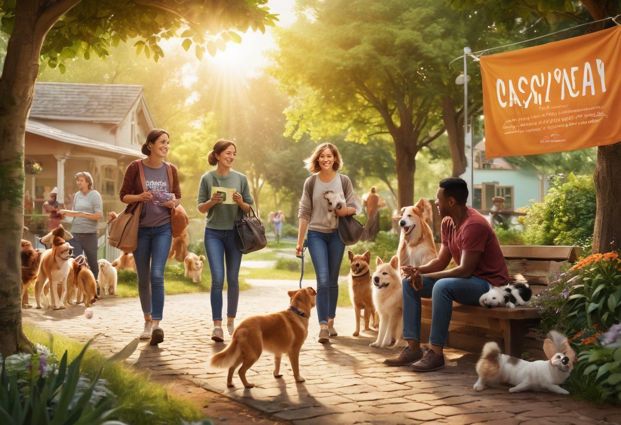 A heartwarming scene of a diverse group of people joyfully adopting animals from a shelter, surrounded by colorful banners promoting adoption and sterilization. Include playful dogs and cats in the foreground, with a warm and inviting atmosphere. Soft sunlight filtering through trees creates a cozy feel, highlighting the bond between humans and their new furry friends. Vibrant colors. super-realistic.