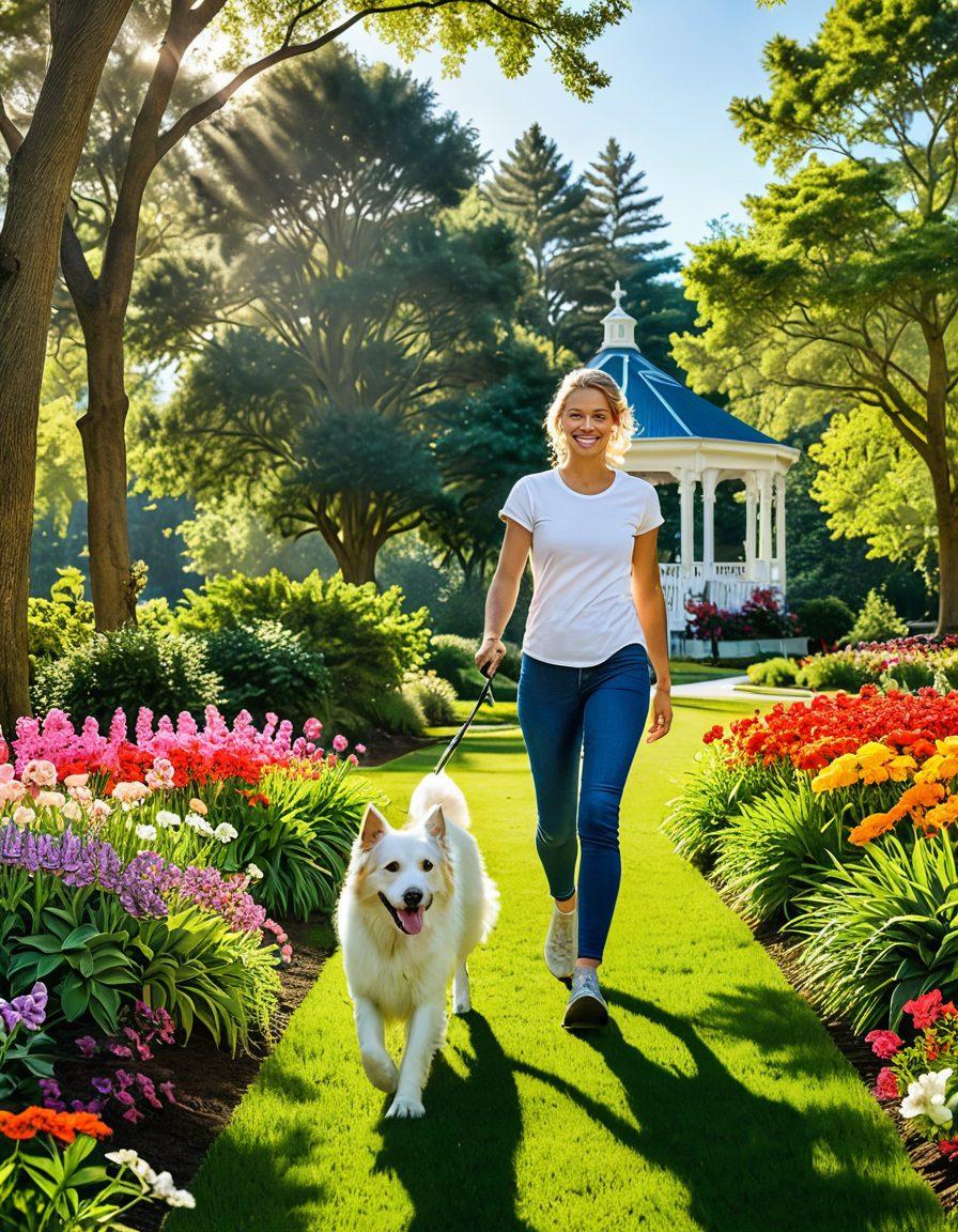 A serene scene depicting a happy pet owner walking a dog in a lush Georgia park, surrounded by vibrant greenery and local landmarks. Include icons of pet care resources like a vet clinic and pet supply stores in the background. Illustrate a sunny day with warm colors to evoke a sense of community and responsible pet ownership. super-realistic. vibrant colors. natural setting.