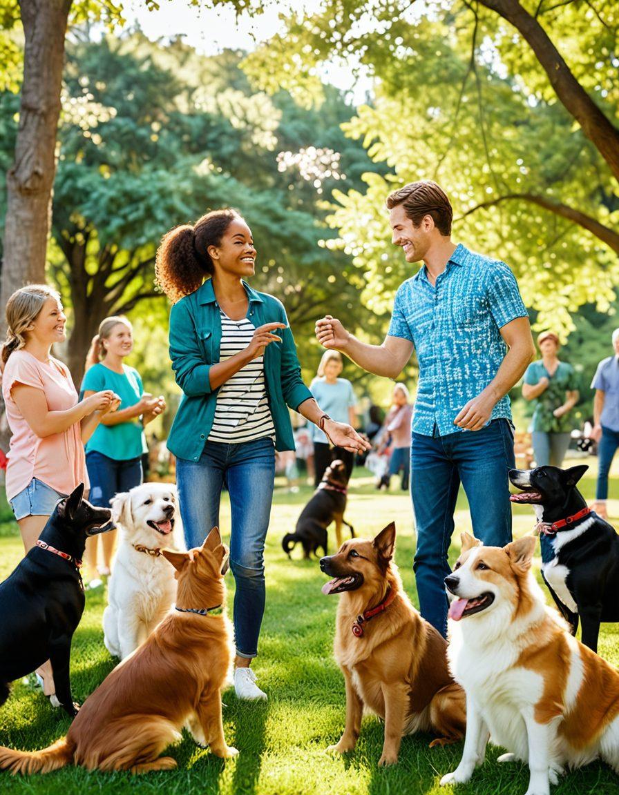 A heartwarming scene of a diverse group of pet owners joyfully interacting with their newly adopted pets in a lush, green park, showcasing happy and healthy animals. Include vivid banners promoting spaying and responsible pet care, alongside images of happy animals playing together. Capture the essence of community and love for animal welfare in Georgia. vibrant colors. super-realistic. natural setting.
